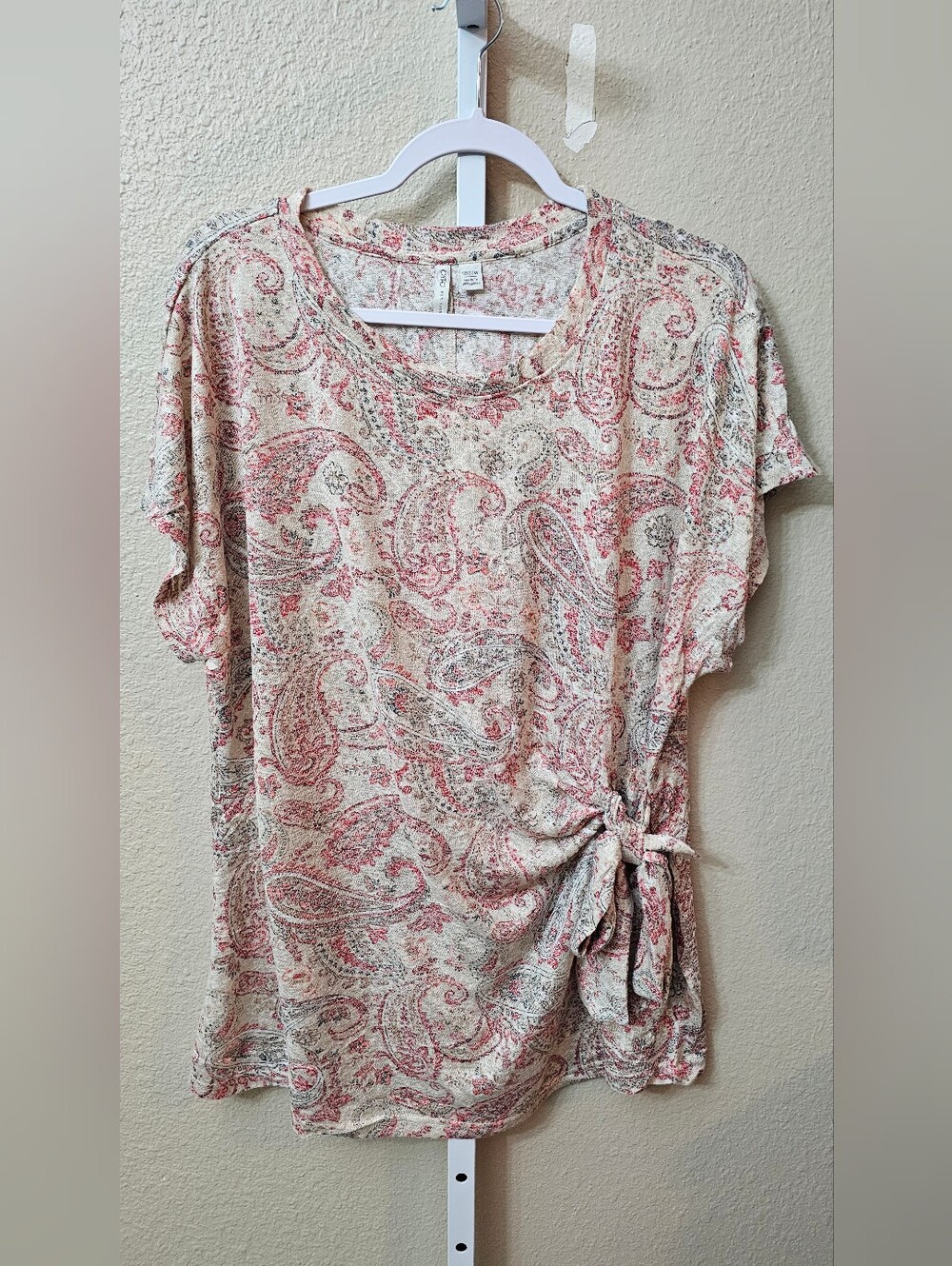 Cato Pink & Cream Paisley Side-Tie Short Sleeve Top